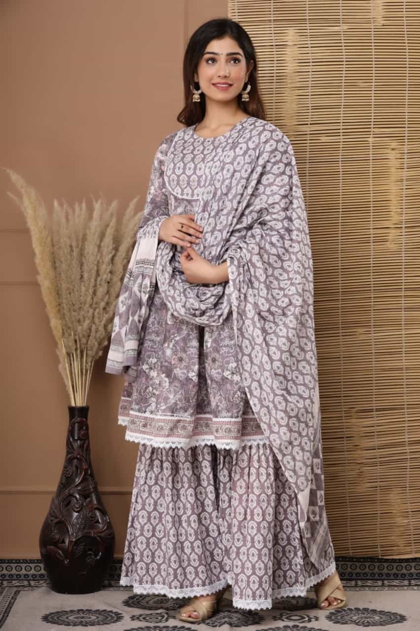 PURE COTTON PEPLUM KURTI WITH DUPATTA AND SHARARA