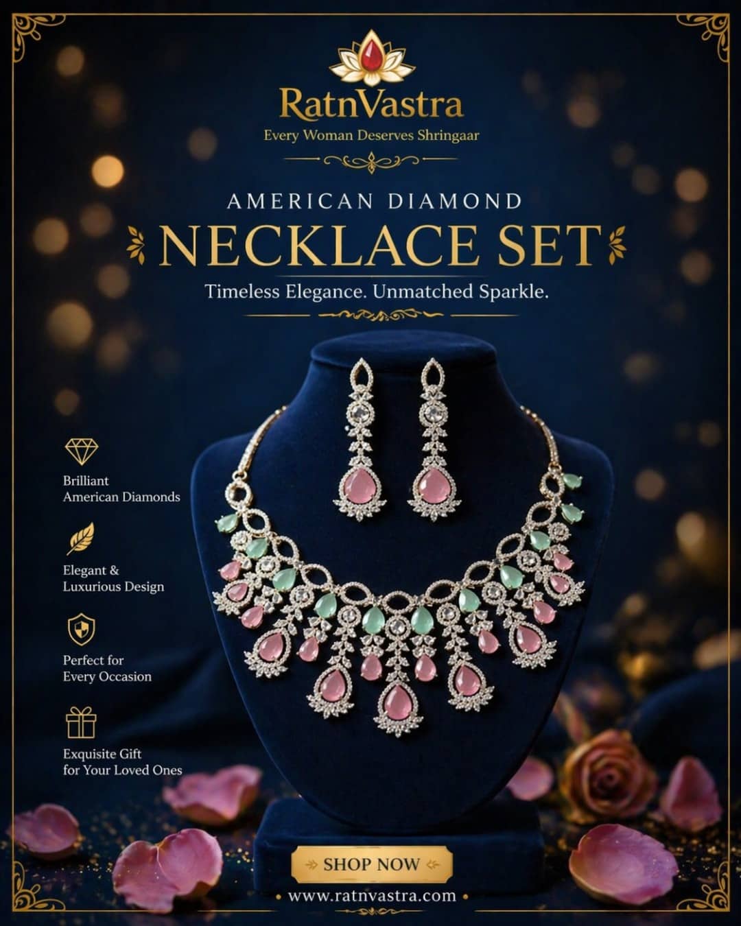 American Diamond Emerald Green Necklace Set with Maang Tikka