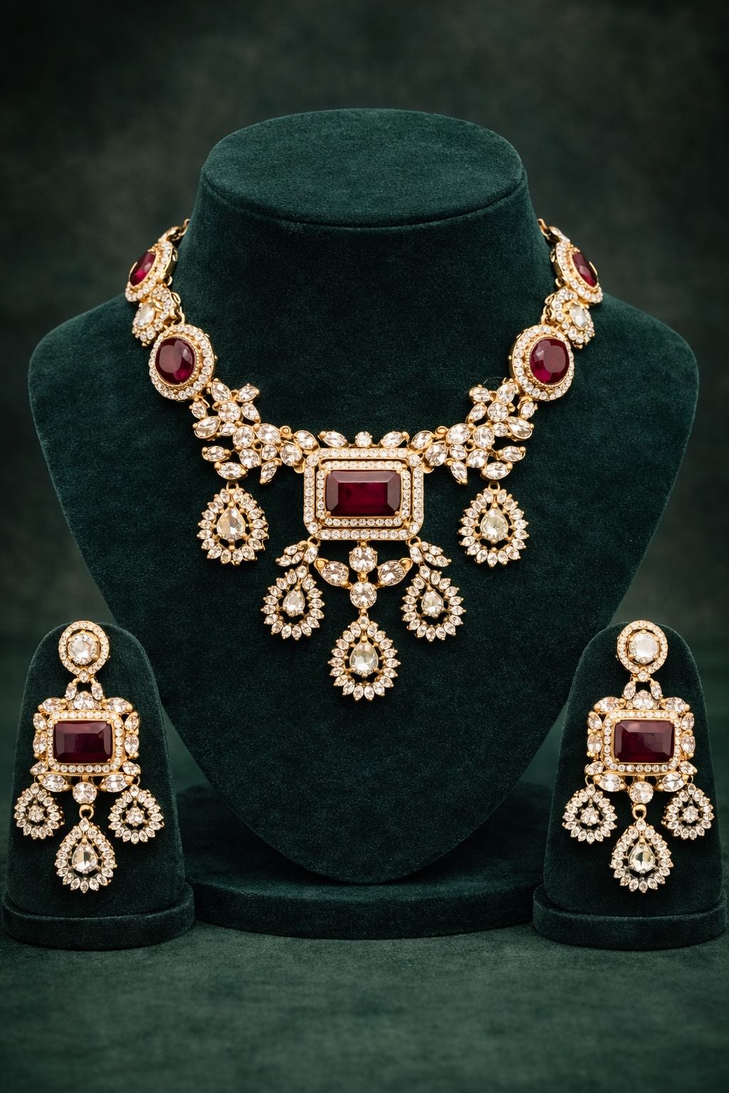 Antique Gold Kundan Necklace Set with Deep Ruby Red Stones