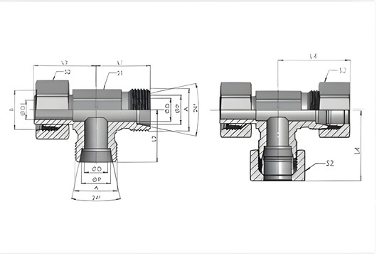 EL-Swivel nut run tee 24° cone end