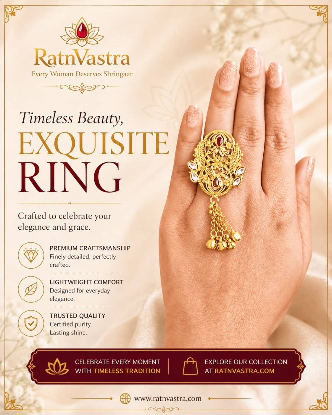 Gold-Plated Antique Filigree Statement Ring with Ghungroo Drops