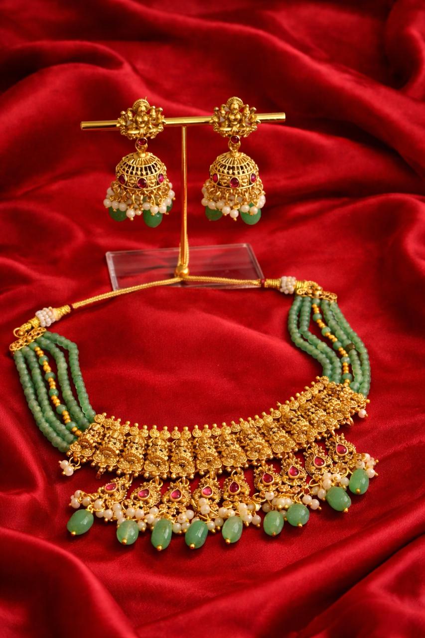 Gold-Plated Antique Temple Choker Necklace Set with Green Beads