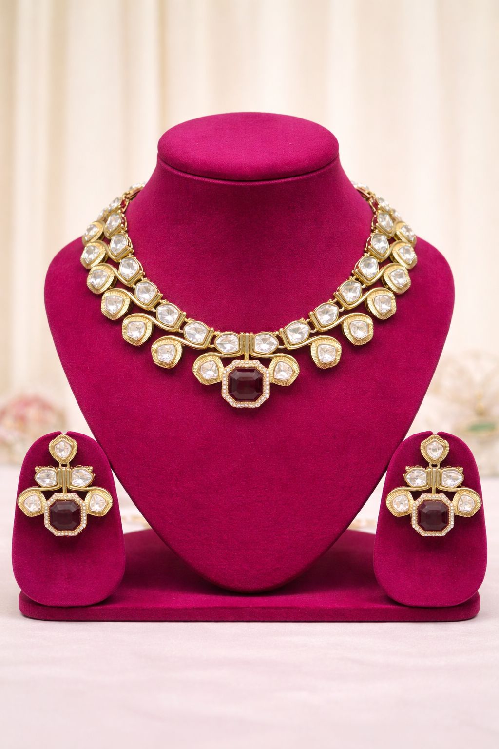 Gold-Plated Double-Row Kundan Necklace with Emerald-Cut Maroon Stone