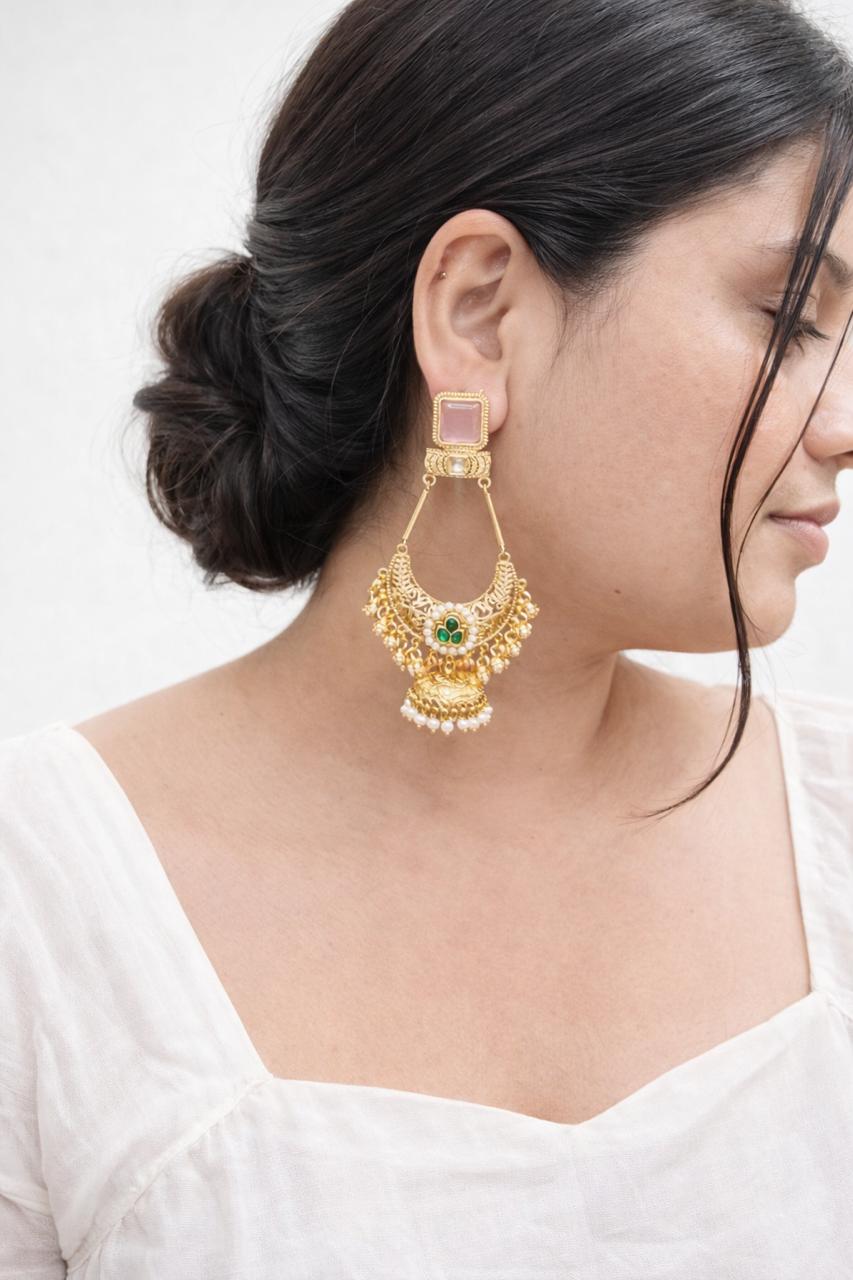 Gold-Plated Kashmiri Chandbali Jhumka Earrings with Pastel Pink Stone