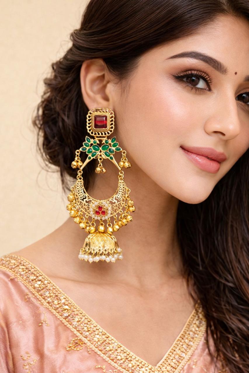 Gold-Plated Kashmiri Chandbali Jhumka Earrings with Ruby and Green Stones