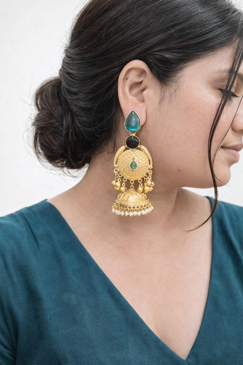 Gold-Plated Kashmiri Chandbali Jhumka Earrings with Teal Stones