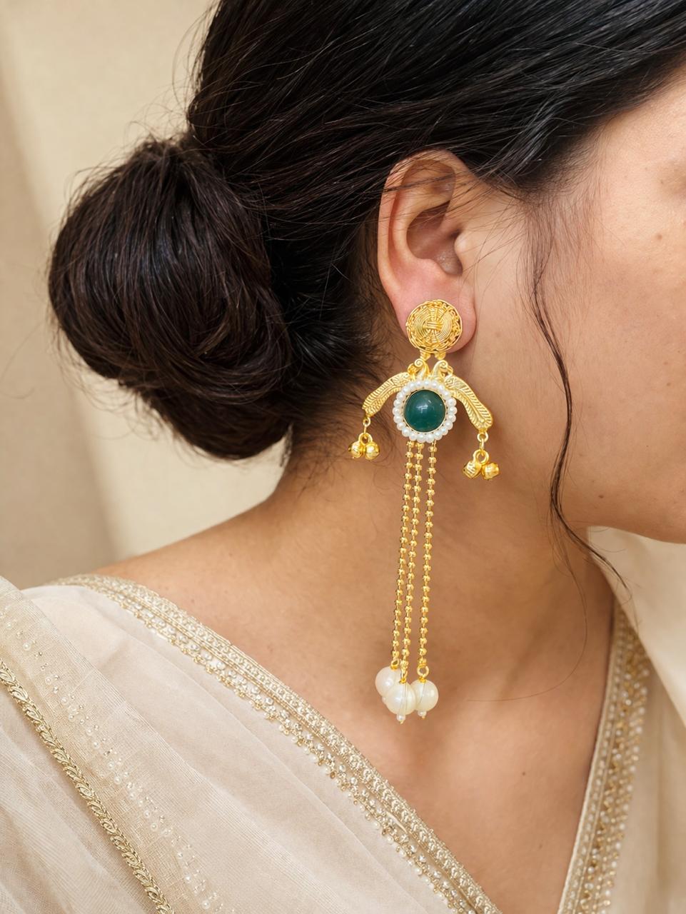 Gold-Plated Kashmiri Long Chain Earrings with Dark Green Stone