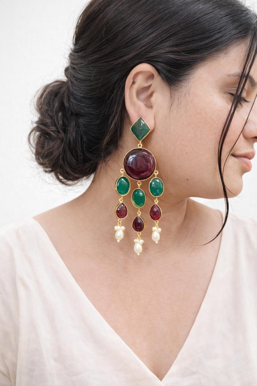 Gold-Plated Kashmiri Multi-Tier Statement Earrings with Emerald and Ruby Cabochons
