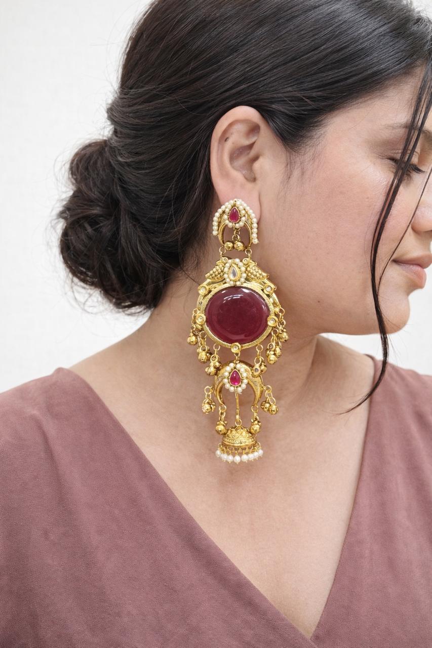 Gold-Plated Kashmiri Multi-Tier Statement Earrings with Maroon Cabochon Stone