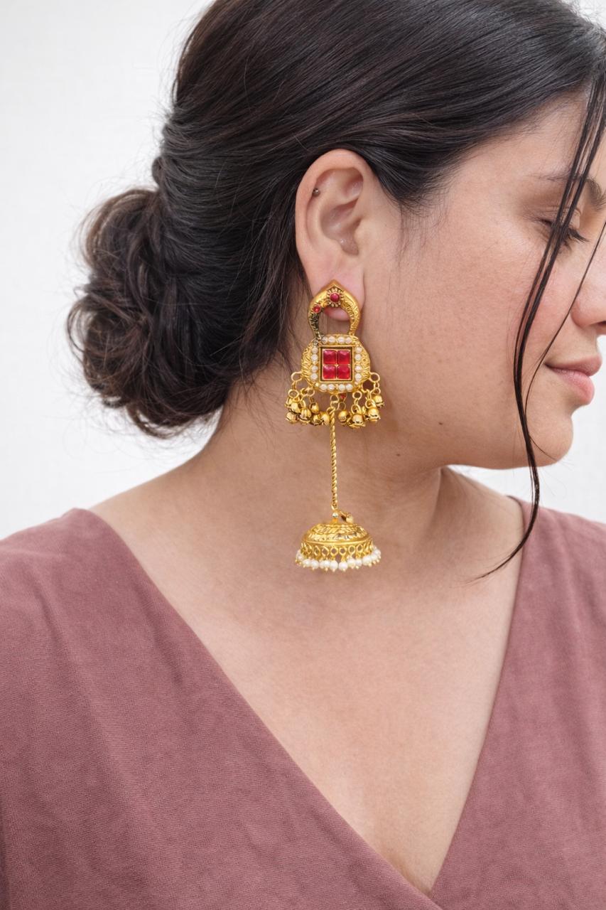 Gold-Plated Kashmiri Red Stone Ear-Chain Jhumka Earrings