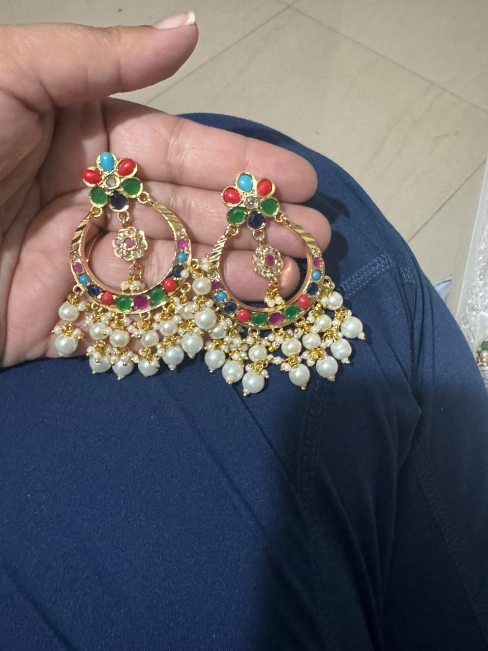 Gold-Plated Multicolor Jadau Hoop Earrings with Pearls