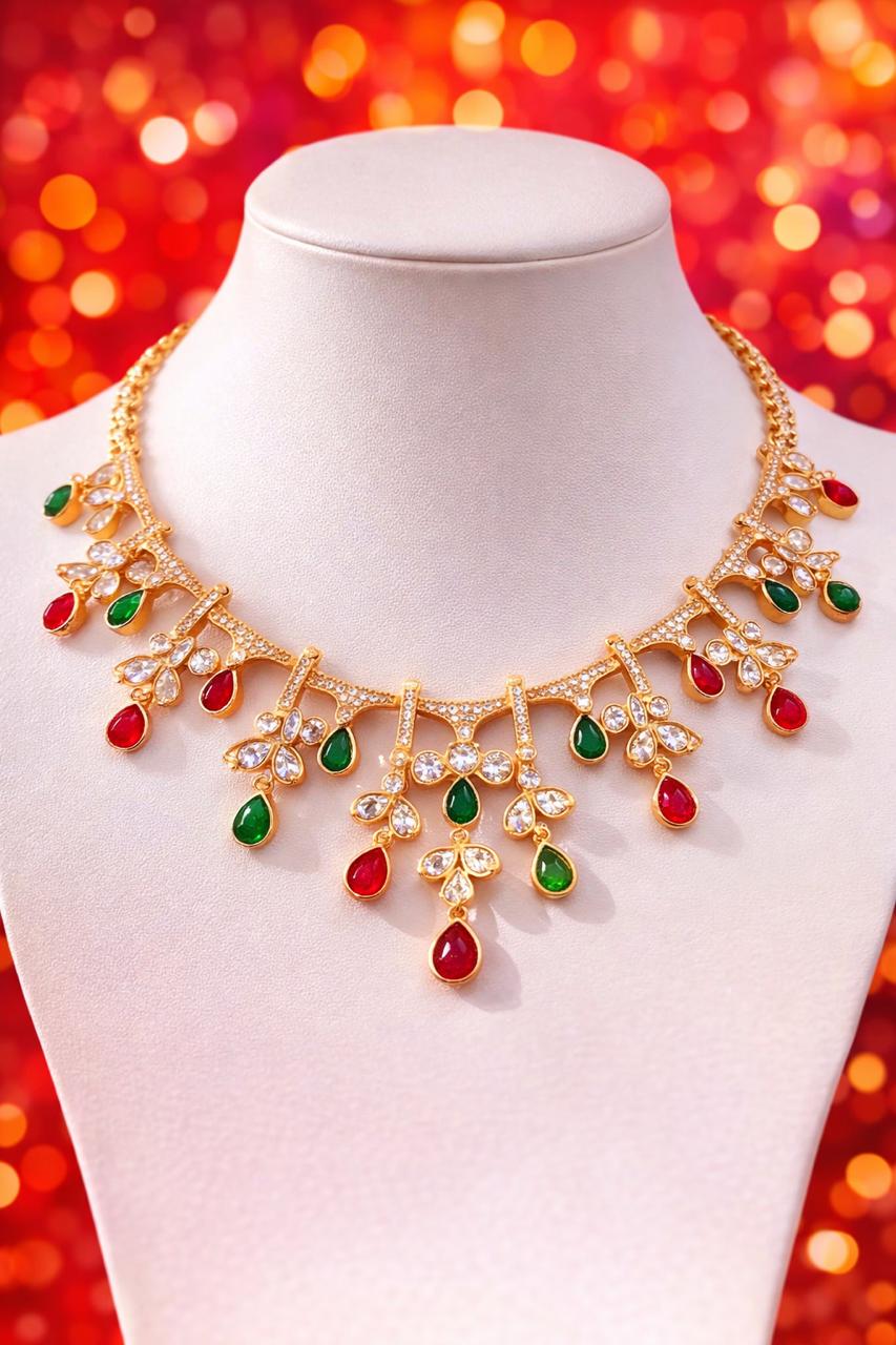 Plated Multicolor Polki Necklace with Ruby and Emerald Drops