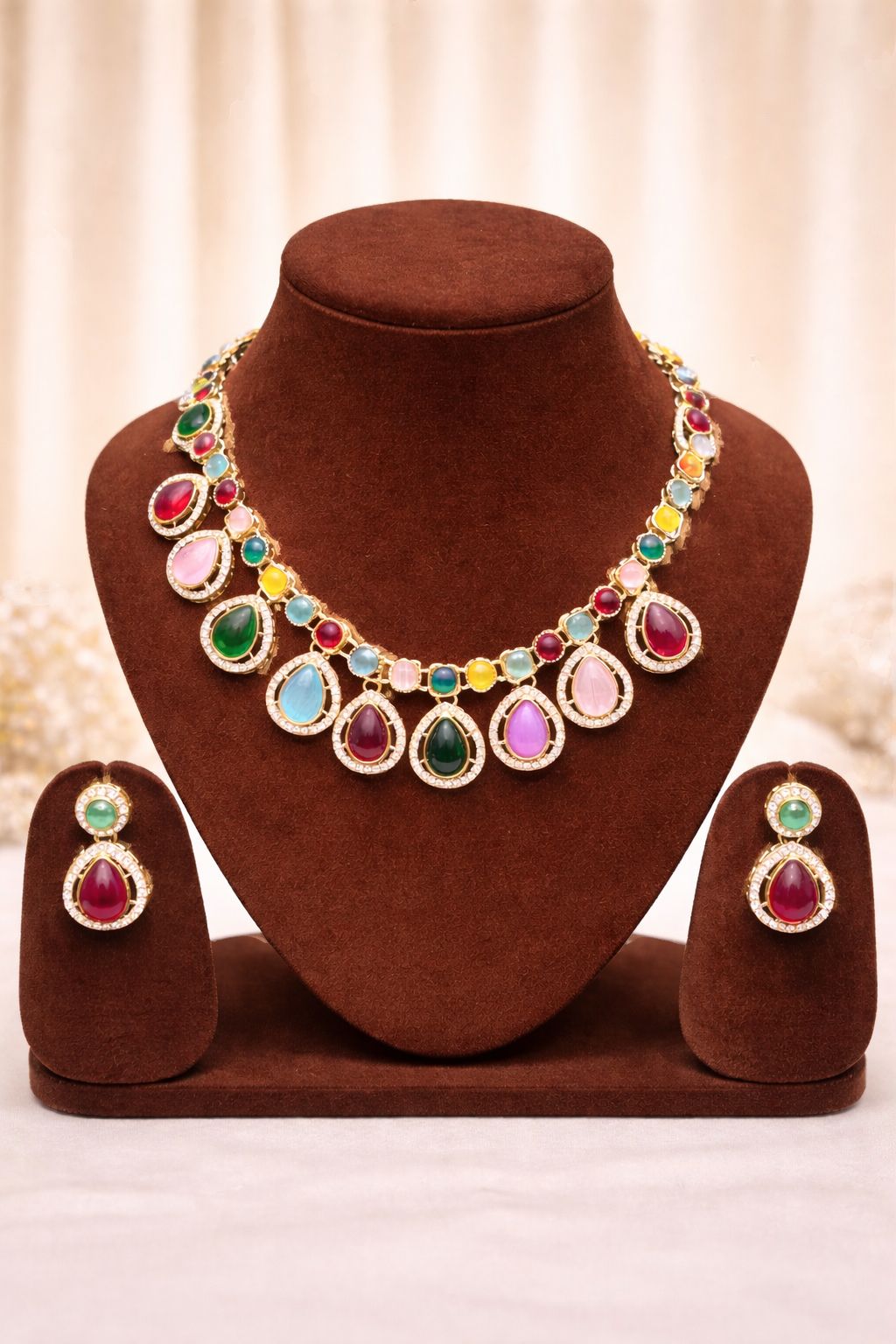 Gold-Plated Multicolor Teardrop Kundan Necklace Set