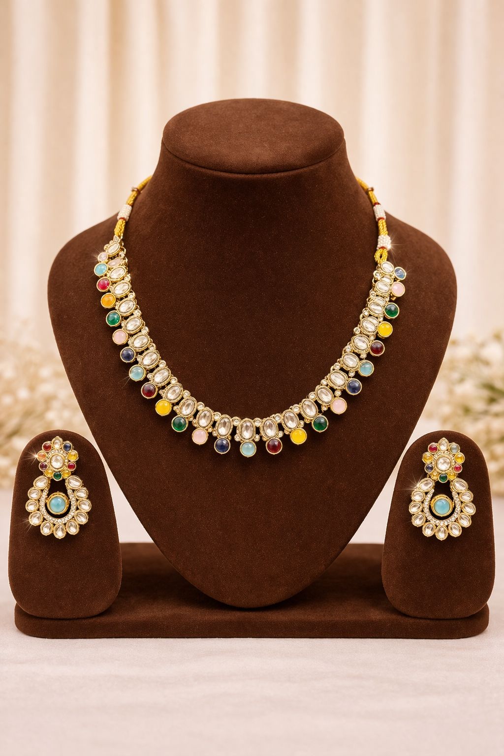 Gold-Plated Navratna-Style Kundan Necklace with Pastel Center Earrings
