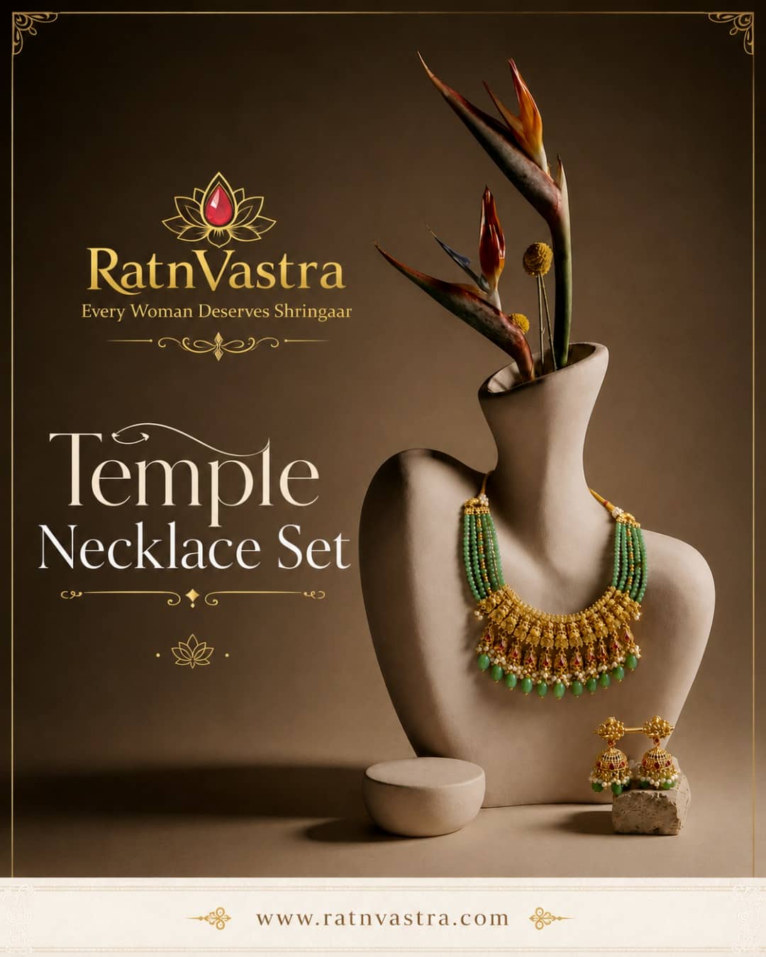 Gold-Plated Temple Necklace Set with Green Beads and Jhumkas