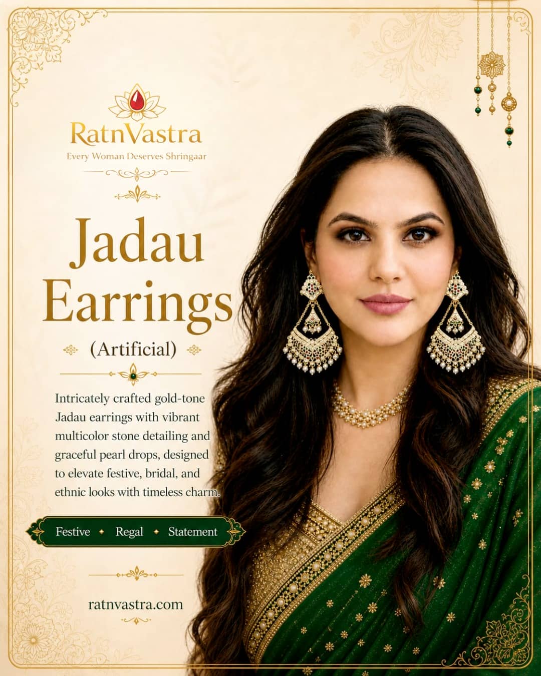 Gold-Tone Jadau Chandelier Earrings with Pearls