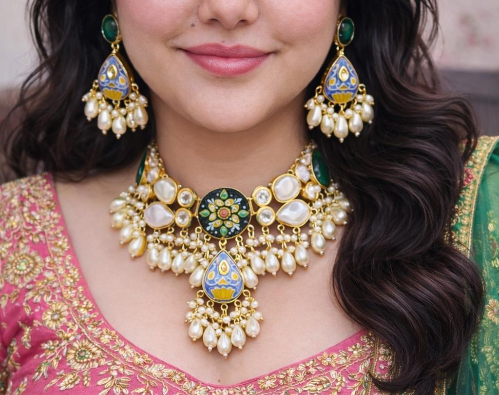 Hand-Painted Meenakari Mother of Pearl Choker Set