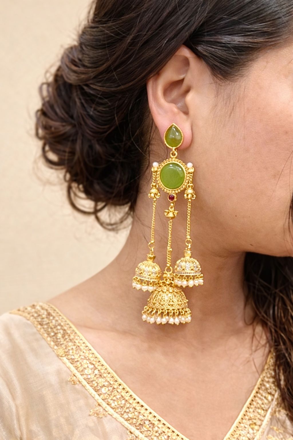 Kashmiri Olive Green Triple Tier Jhumka Earrings