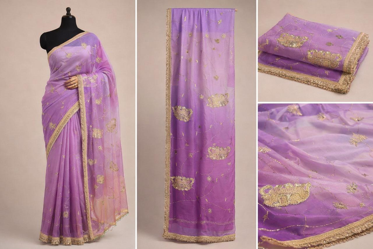 Lavender Ombre Georgette Saree with Gold Zari Elephant Motifs