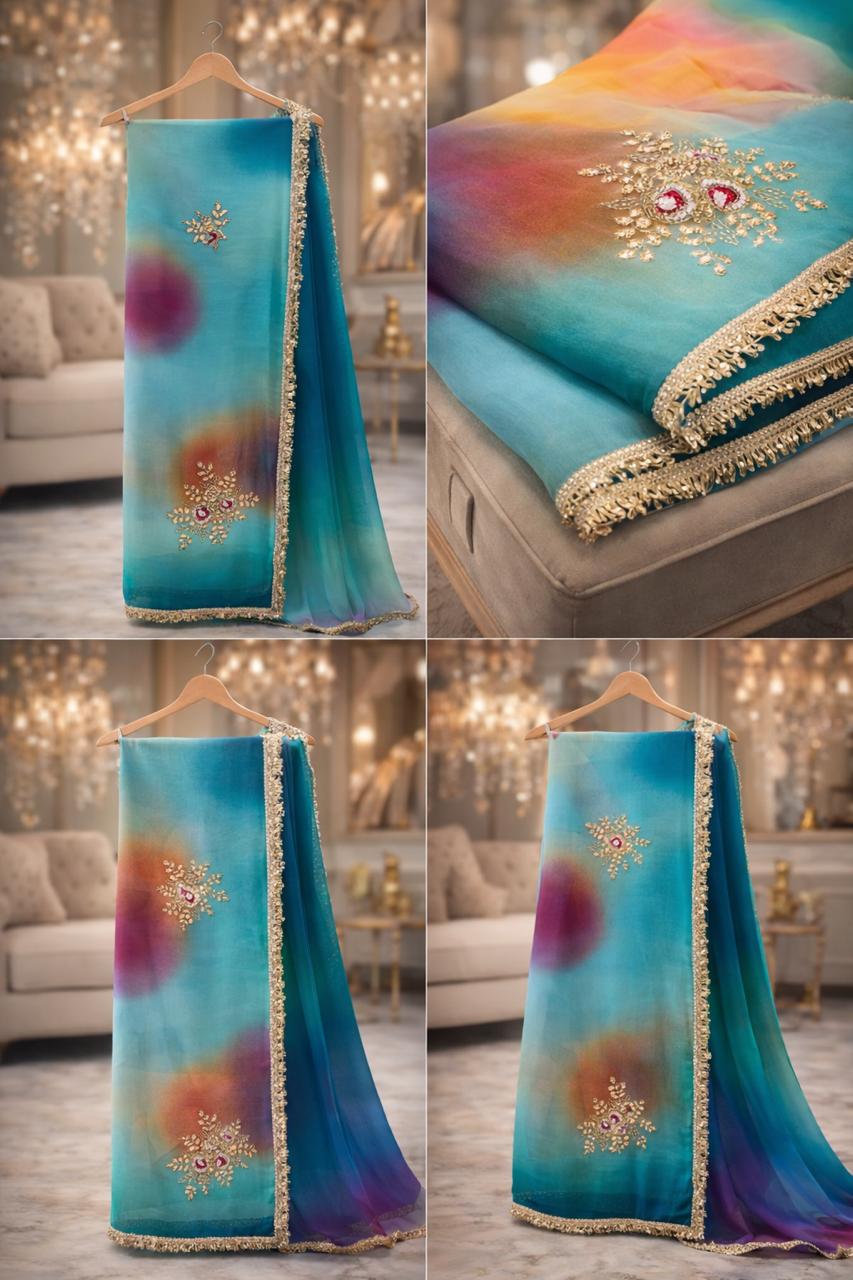 Multicolor Tie-Dye Georgette Saree with Handcrafted Gota Patti Floral Motifs