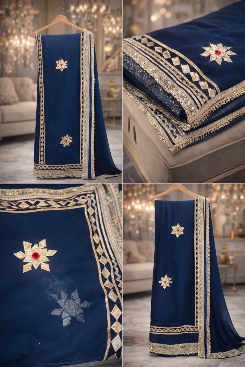 Navy Blue Georgette Saree with Handcrafted Gota Patti Flowers
