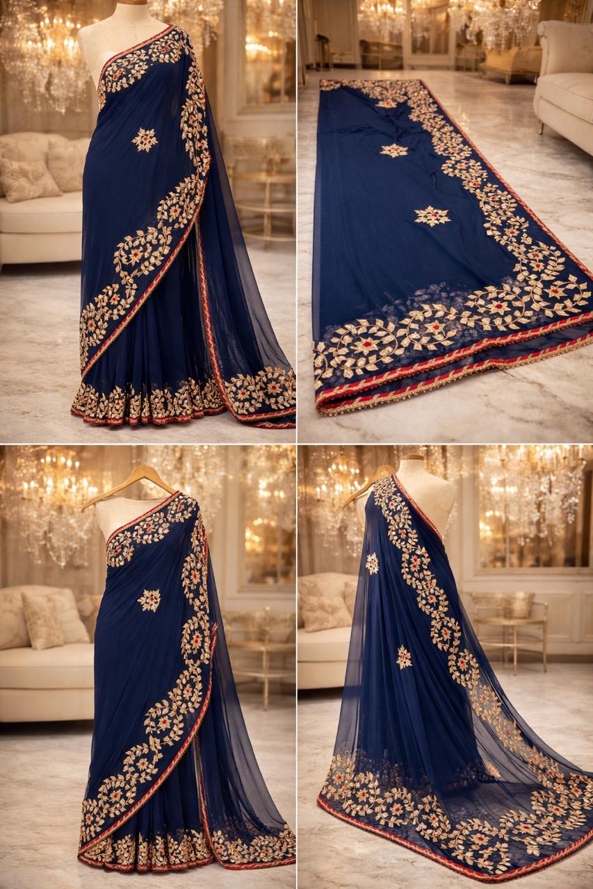 Navy Blue Georgette Saree with Heavy Gota Patti Floral Vine Border