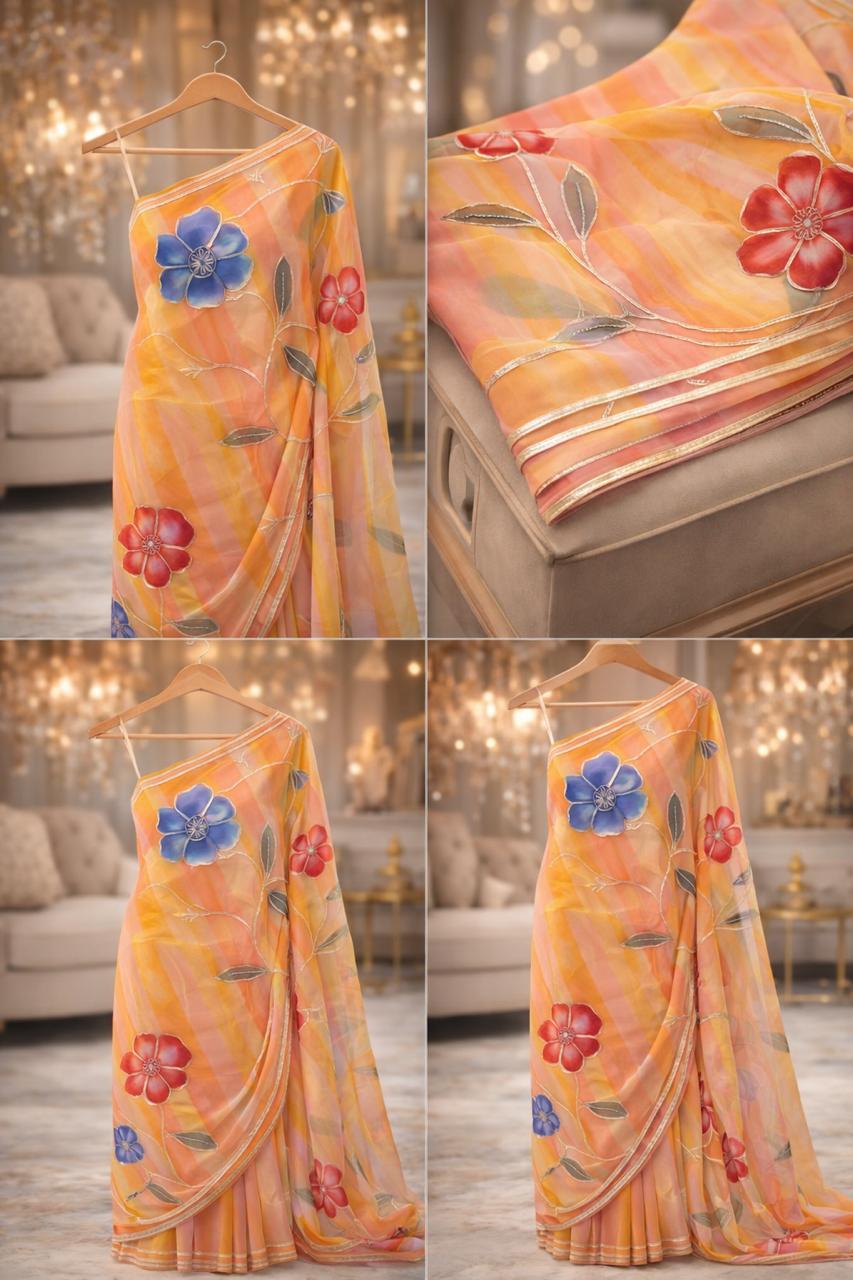 Peach and Yellow Leheriya Georgette Saree with Hand-Painted Floral Gota Patti Work