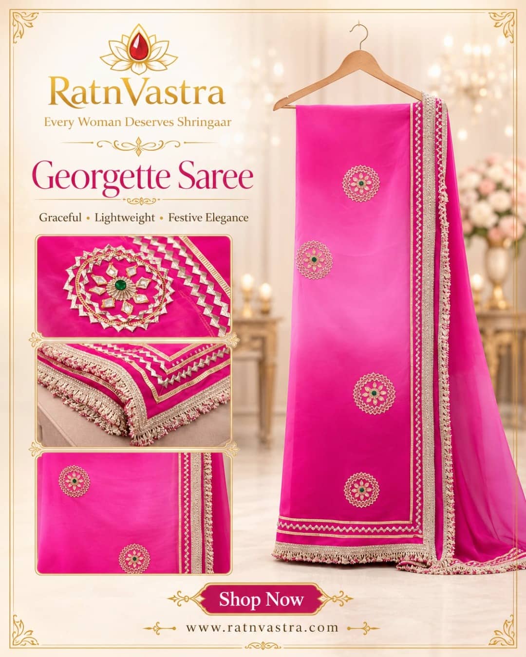 Rani Pink Georgette Saree with Gota Patti and Fringe Border