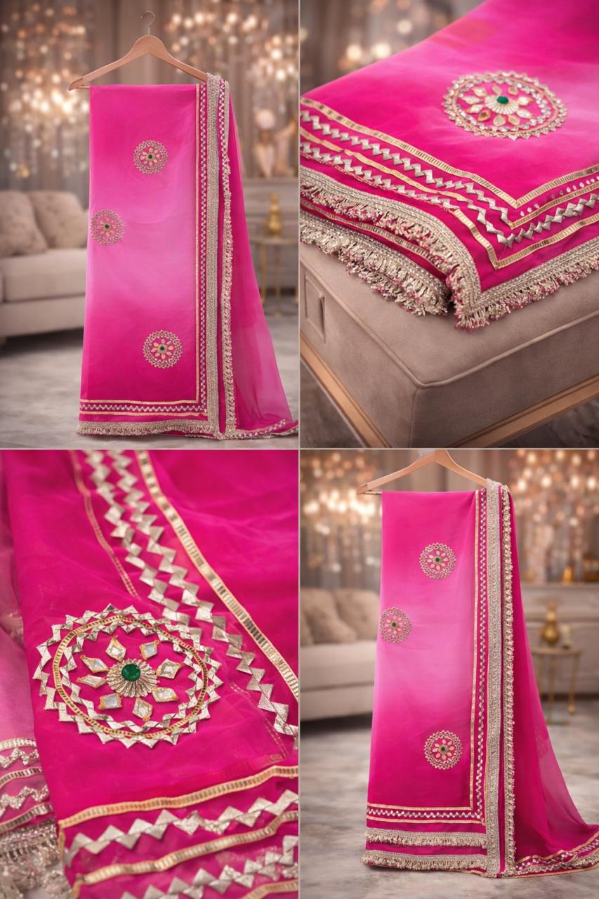 Rani Pink Ombre Georgette Saree with Handcrafted Gota Patti Mandala Motifs