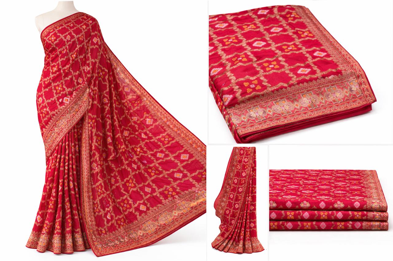 Red Khaddi Georgette Bandhani Saree with Banarasi Zari Border