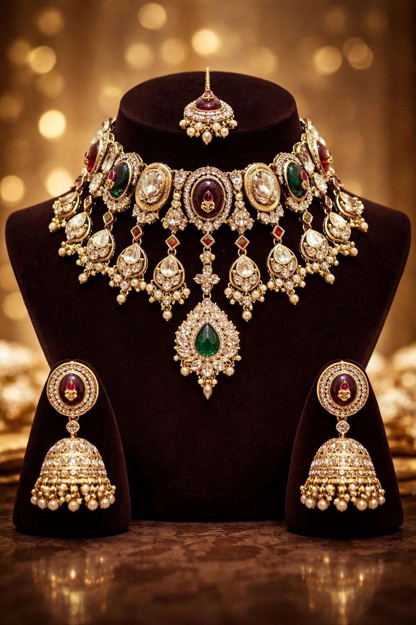 Royal Antique Gold Bridal Kundan Choker Set with Jhumkas and Maang Tikka