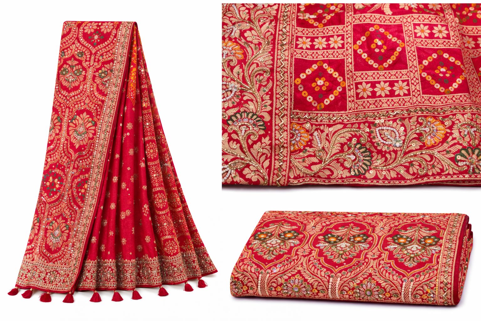 Royal Red Heavy Khaddi Georgette Bandhani and Banarasi Fusion Saree