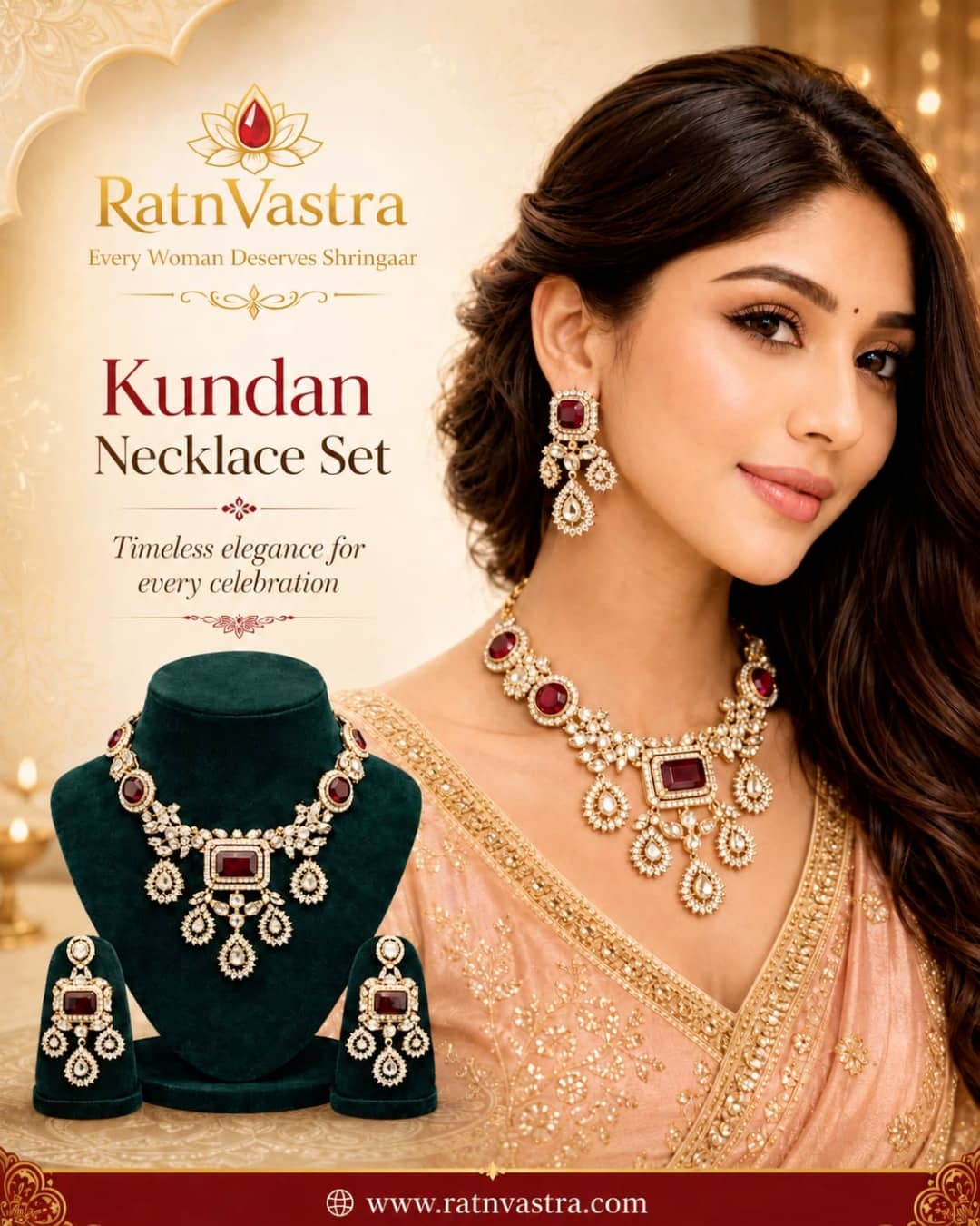 Ruby Red Kundan Necklace Set with Dangle Earrings