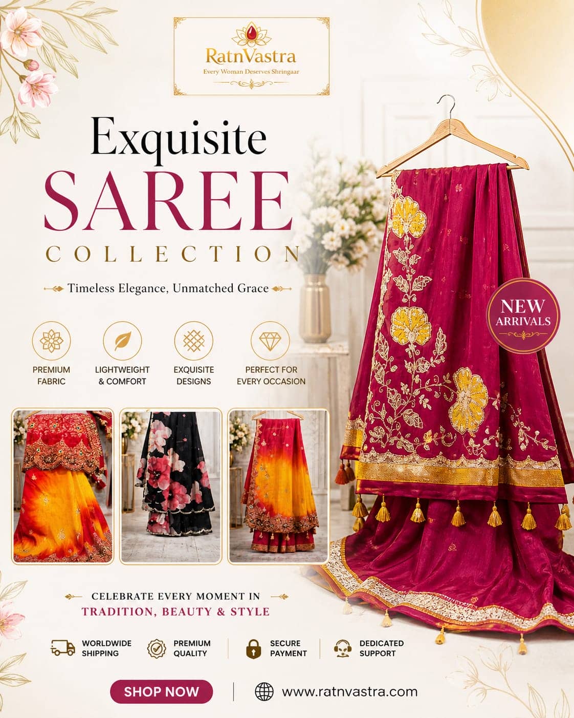 Wine Red Silk Saree with Yellow Floral Embroidery