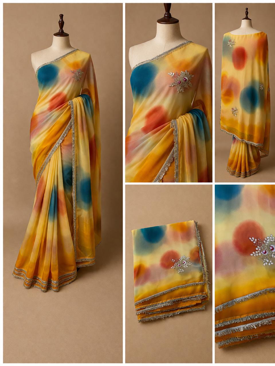 Yellow Georgette Tie-Dye Saree with Gota Patti Patch Work