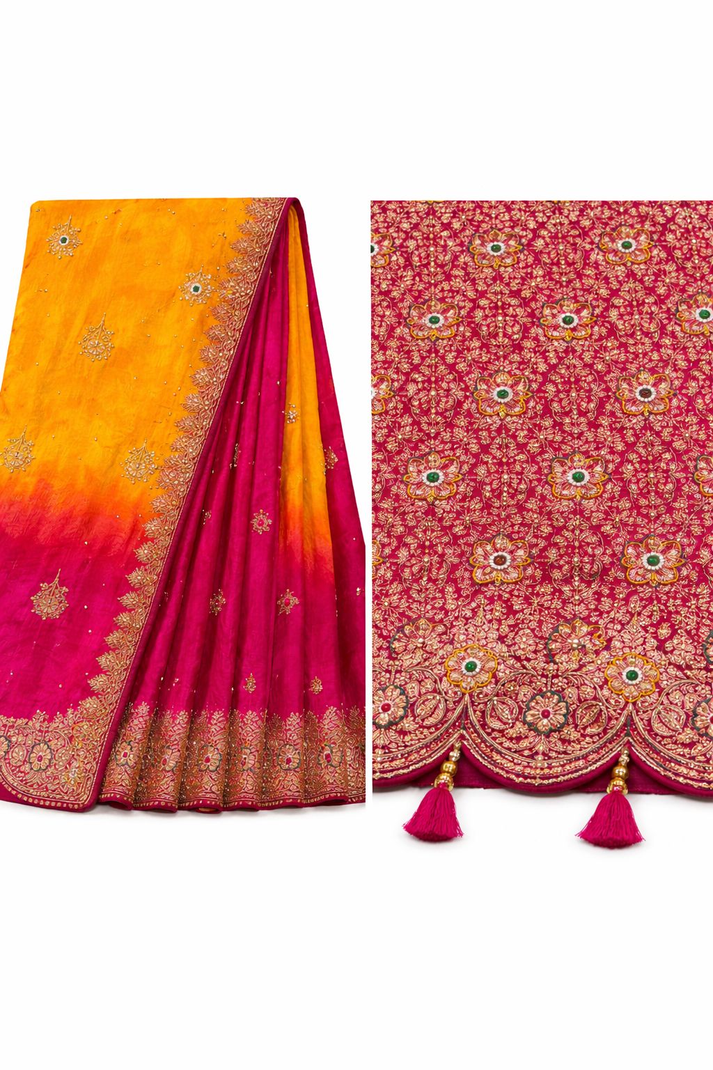 Yellow and Rani Pink Ombre Dola Silk Saree with Katdana and Scallop Border
