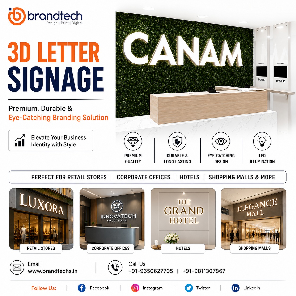 3D Letter Signage Company in Delhi NCR – LED Branding Solutions | Brandtech