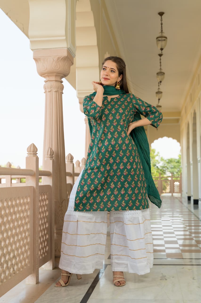 PURE COTTON GREEN KURTI 3 PIECE SET